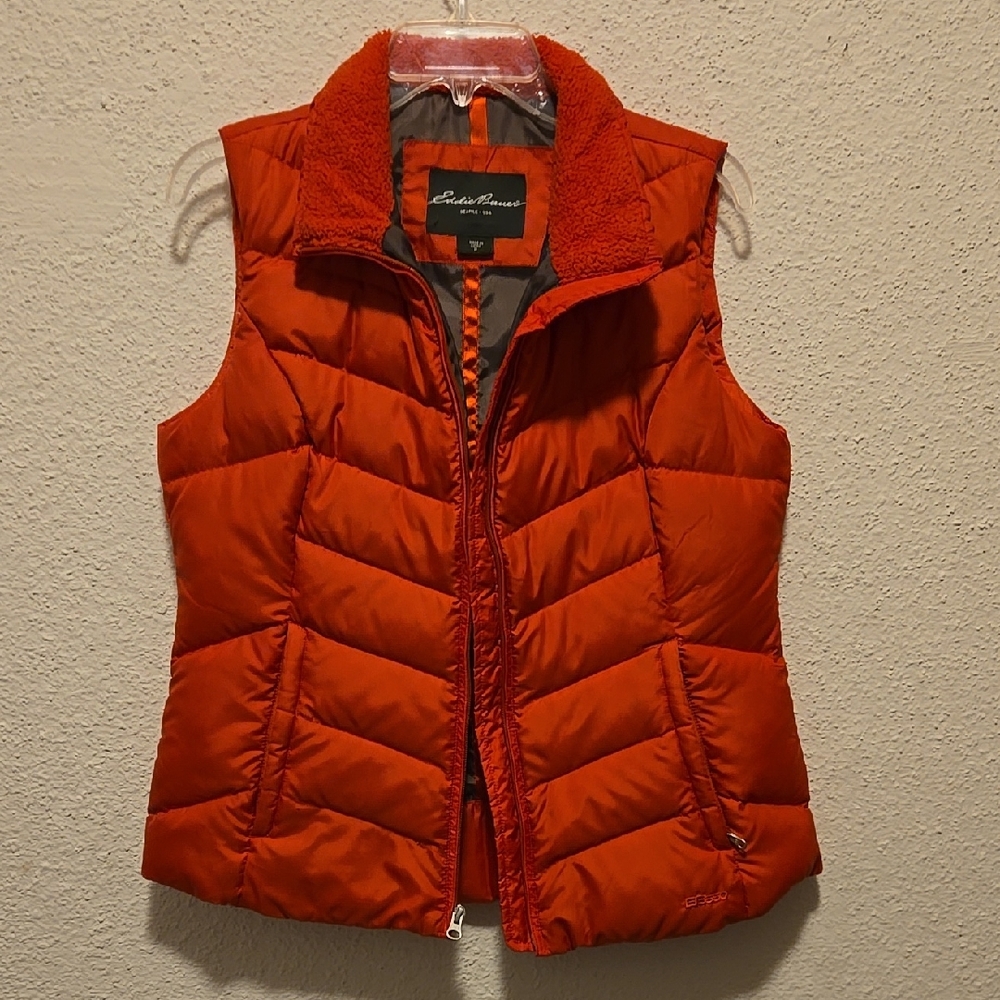 B12 Eddie Bauer Red-Orange Quilted Goose Down Puffer Vest Sz Med